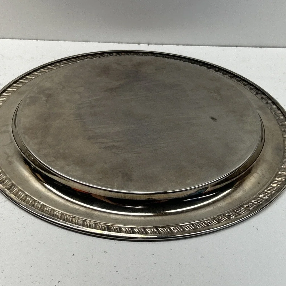 Vintage Leonard‎ Silver Plate Round Etched Floral Serving Tray Gadroon Rim